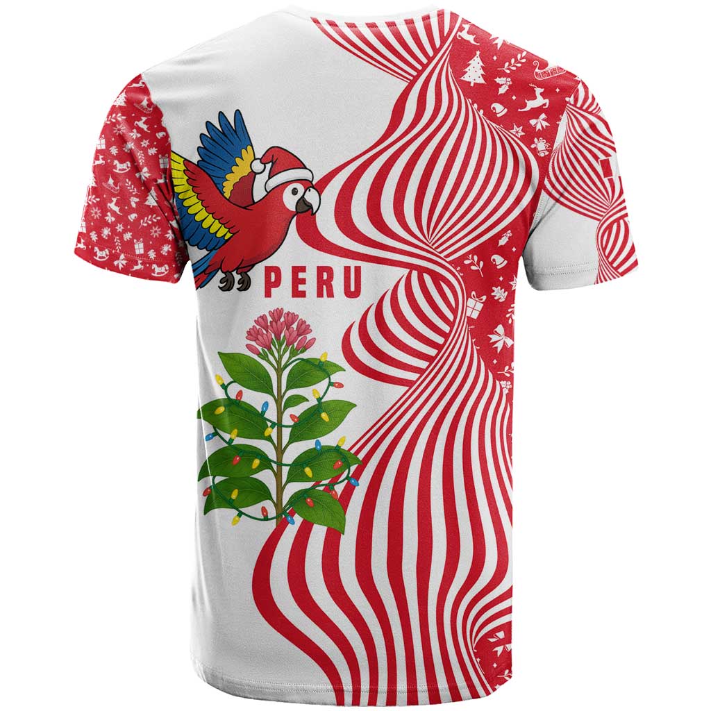 Peru Christmas T-Shirt with Santa Macaw Cantuta Flower Red Swirl Pattern and Festive Design Graphic Tee