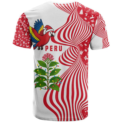 Peru Christmas T-Shirt with Santa Macaw Cantuta Flower Red Swirl Pattern and Festive Design Graphic Tee
