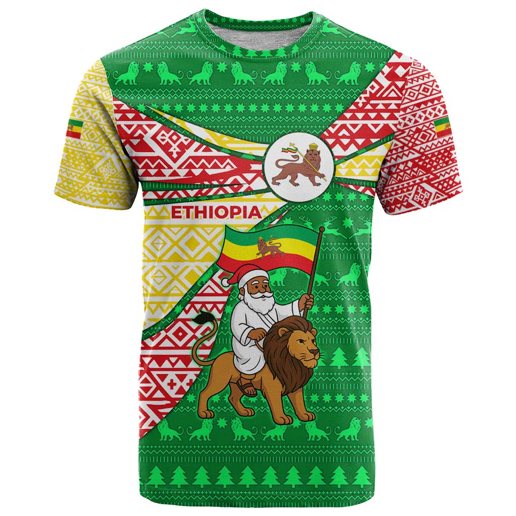 Ethiopia Christmas T-Shirt with Santa Riding Lion Ethiopian Flag Colors and Tribal Pattern Design Graphic Tee