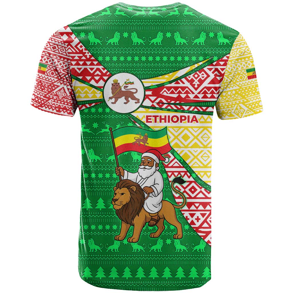 Ethiopia Christmas T-Shirt with Santa Riding Lion Ethiopian Flag Colors and Tribal Pattern Design Graphic Tee