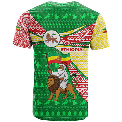 Ethiopia Christmas T-Shirt with Santa Riding Lion Ethiopian Flag Colors and Tribal Pattern Design Graphic Tee