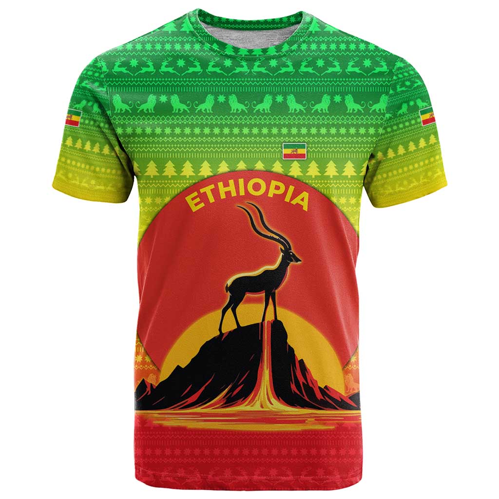 Ethiopia Christmas T-Shirt with Mountain Gazelle Sunset Ethiopian Flag Colors and Tribal Pattern Design Graphic Tee