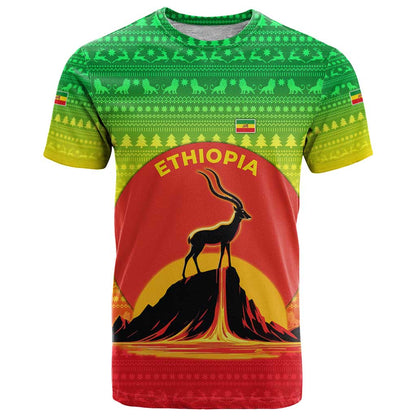 Ethiopia Christmas T-Shirt with Mountain Gazelle Sunset Ethiopian Flag Colors and Tribal Pattern Design Graphic Tee