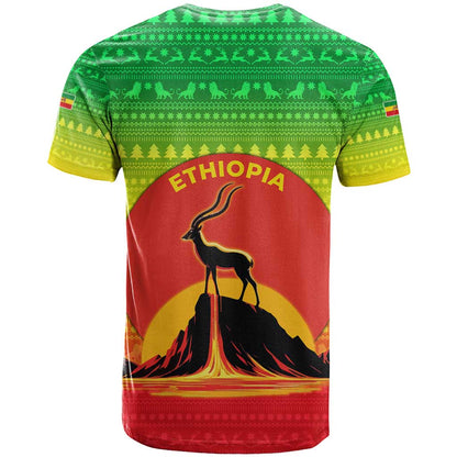 Ethiopia Christmas T-Shirt with Mountain Gazelle Sunset Ethiopian Flag Colors and Tribal Pattern Design Graphic Tee