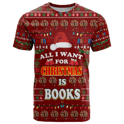 All I Want For Christmas Is Books Christmas T-Shirt Xmas Holiday Patterns Graphic Tee