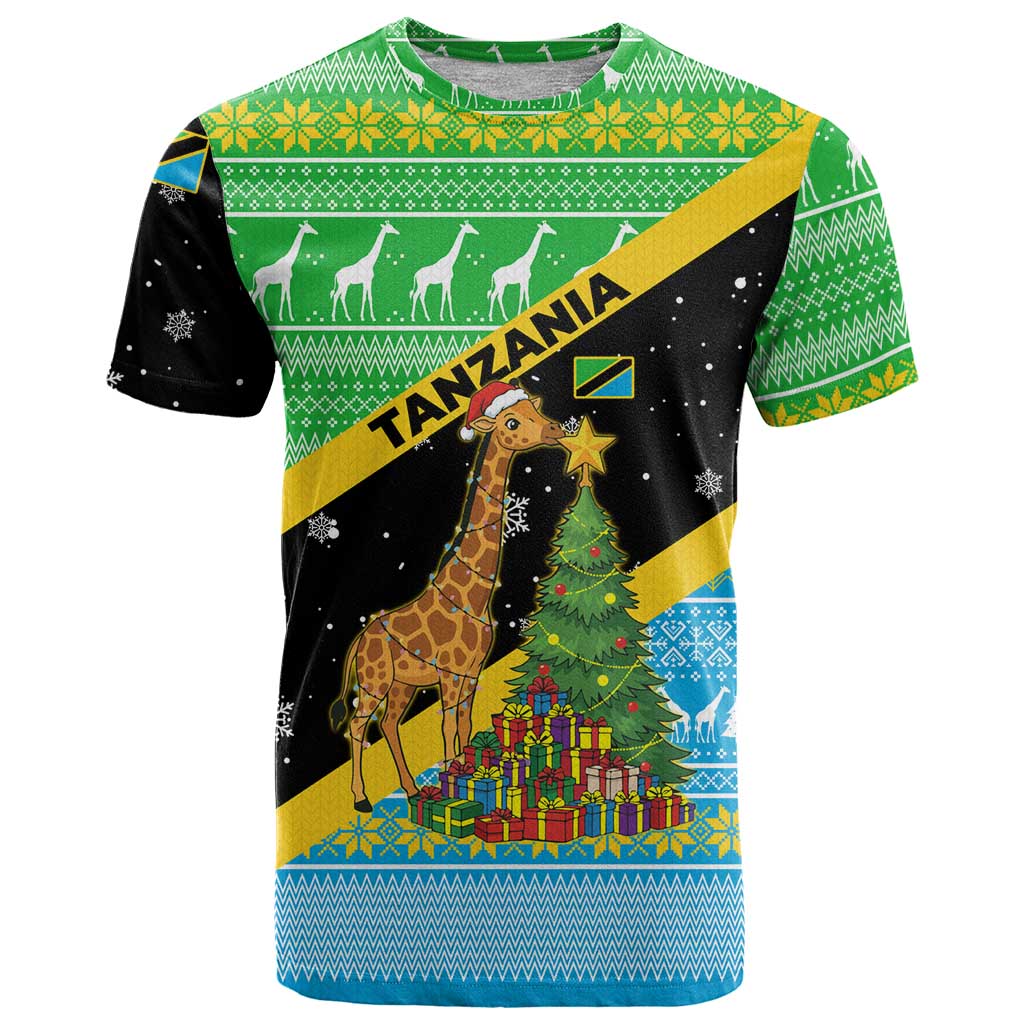 Tanzania Christmas T-Shirt with Giraffe Christmas Tree Snowflakes and Flag Graphic Tee
