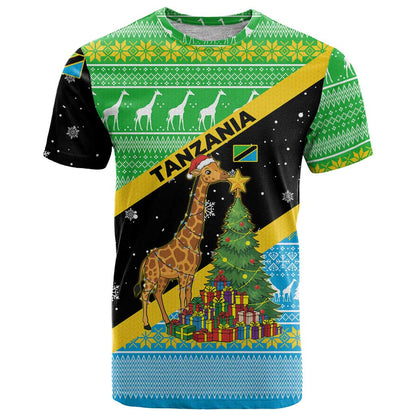Tanzania Christmas T-Shirt with Giraffe Christmas Tree Snowflakes and Flag Graphic Tee