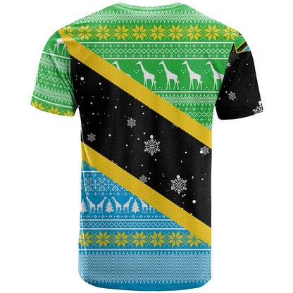 Tanzania Christmas T-Shirt with Giraffe Christmas Tree Snowflakes and Flag Graphic Tee