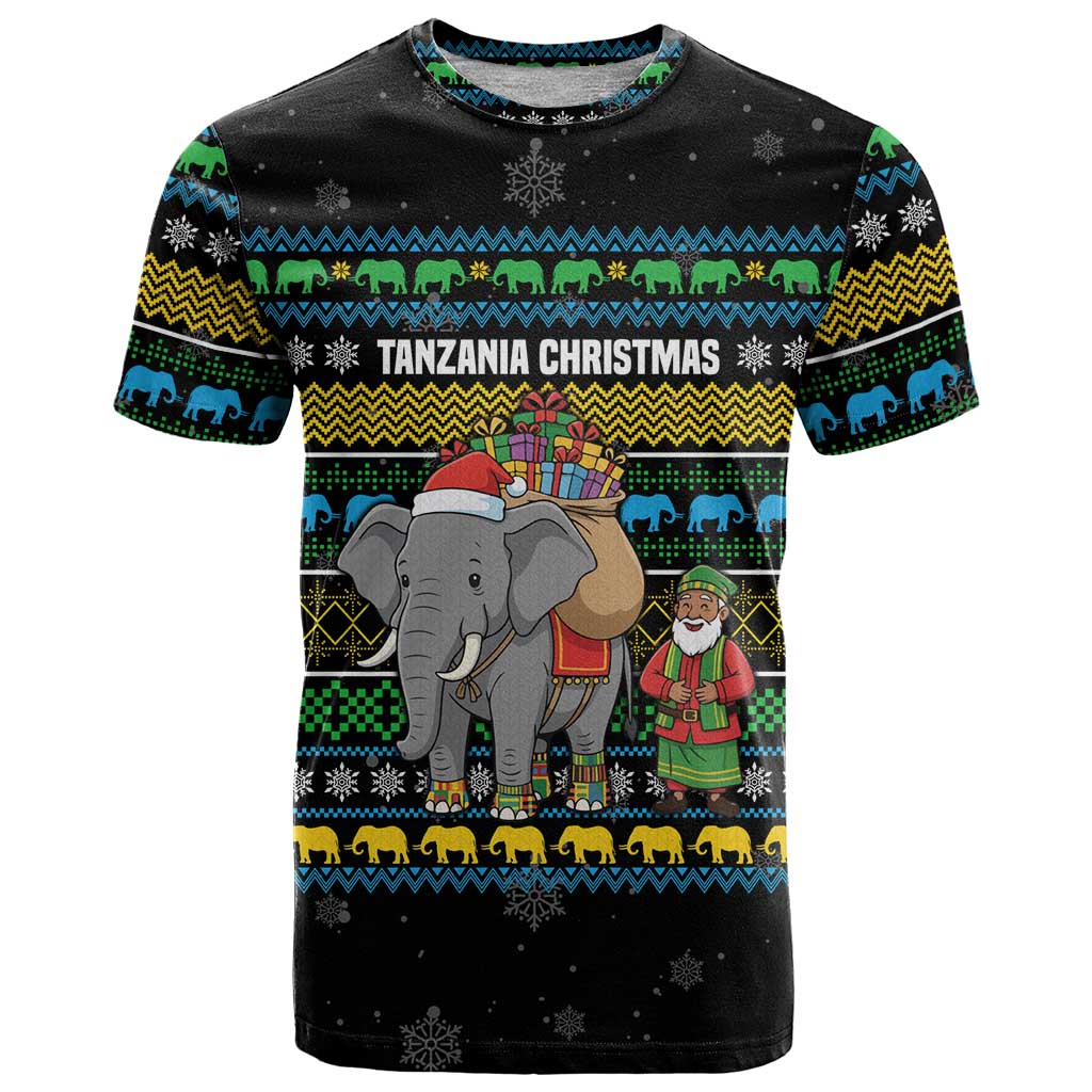 Tanzania Christmas T-Shirt with Santa Riding Elephant Snowflakes and Colorful African Graphic Tee