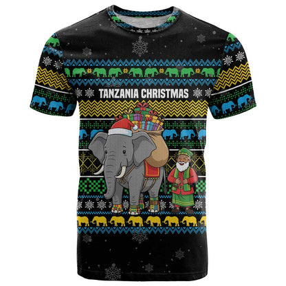 Tanzania Christmas T-Shirt with Santa Riding Elephant Snowflakes and Colorful African Graphic Tee