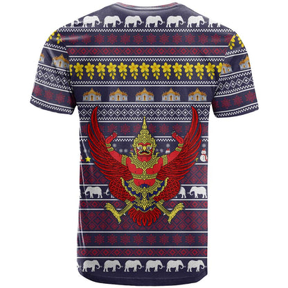 Thailand Christmas T-Shirt with Yellow Flower Tree Garuda Emblem and Elephant Holiday Graphic Tee