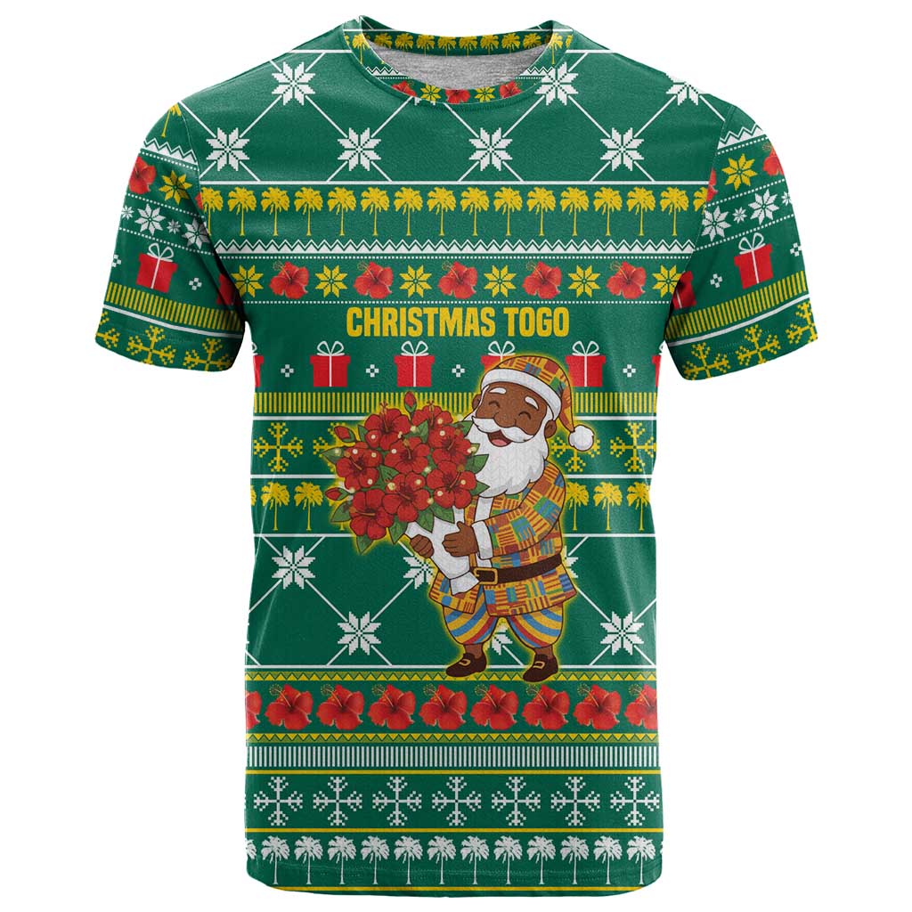 Togo Christmas T-Shirt with Santa Poinsettia Flower Tree Gifts and African Print Pattern Graphic Tee