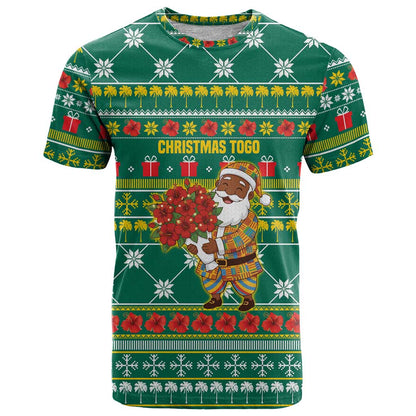 Togo Christmas T-Shirt with Santa Poinsettia Flower Tree Gifts and African Print Pattern Graphic Tee
