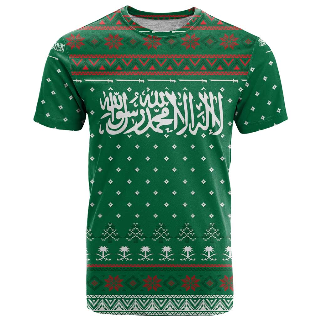 Saudi Arabia Christmas T-Shirt with Green Pattern, Traditional Script Motif, and Camel Caravan Silhouette Graphic Tee