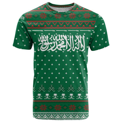 Saudi Arabia Christmas T-Shirt with Green Pattern, Traditional Script Motif, and Camel Caravan Silhouette Graphic Tee