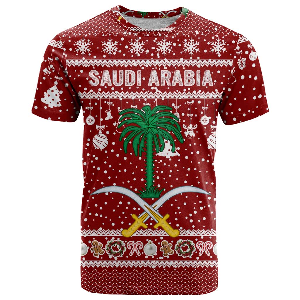 Saudi Arabia Christmas T-Shirt with Red Festive Pattern, National Emblem with Palm and Swords, and Map Motif Graphic Tee