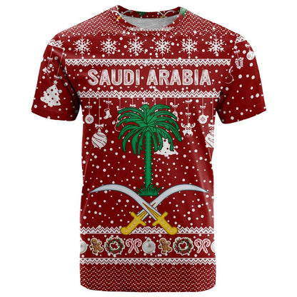 Saudi Arabia Christmas T-Shirt with Red Festive Pattern, National Emblem with Palm and Swords, and Map Motif Graphic Tee