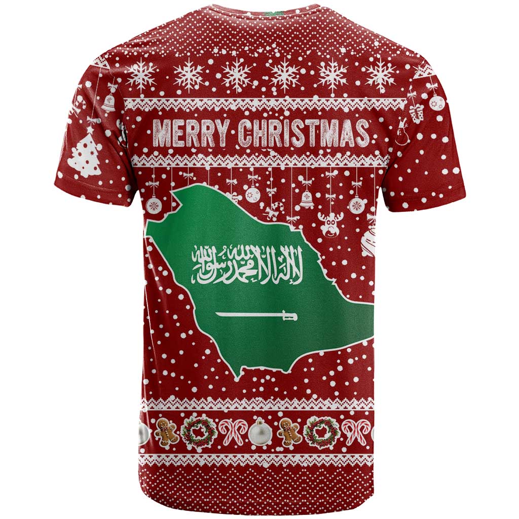 Saudi Arabia Christmas T-Shirt with Red Festive Pattern, National Emblem with Palm and Swords, and Map Motif Graphic Tee