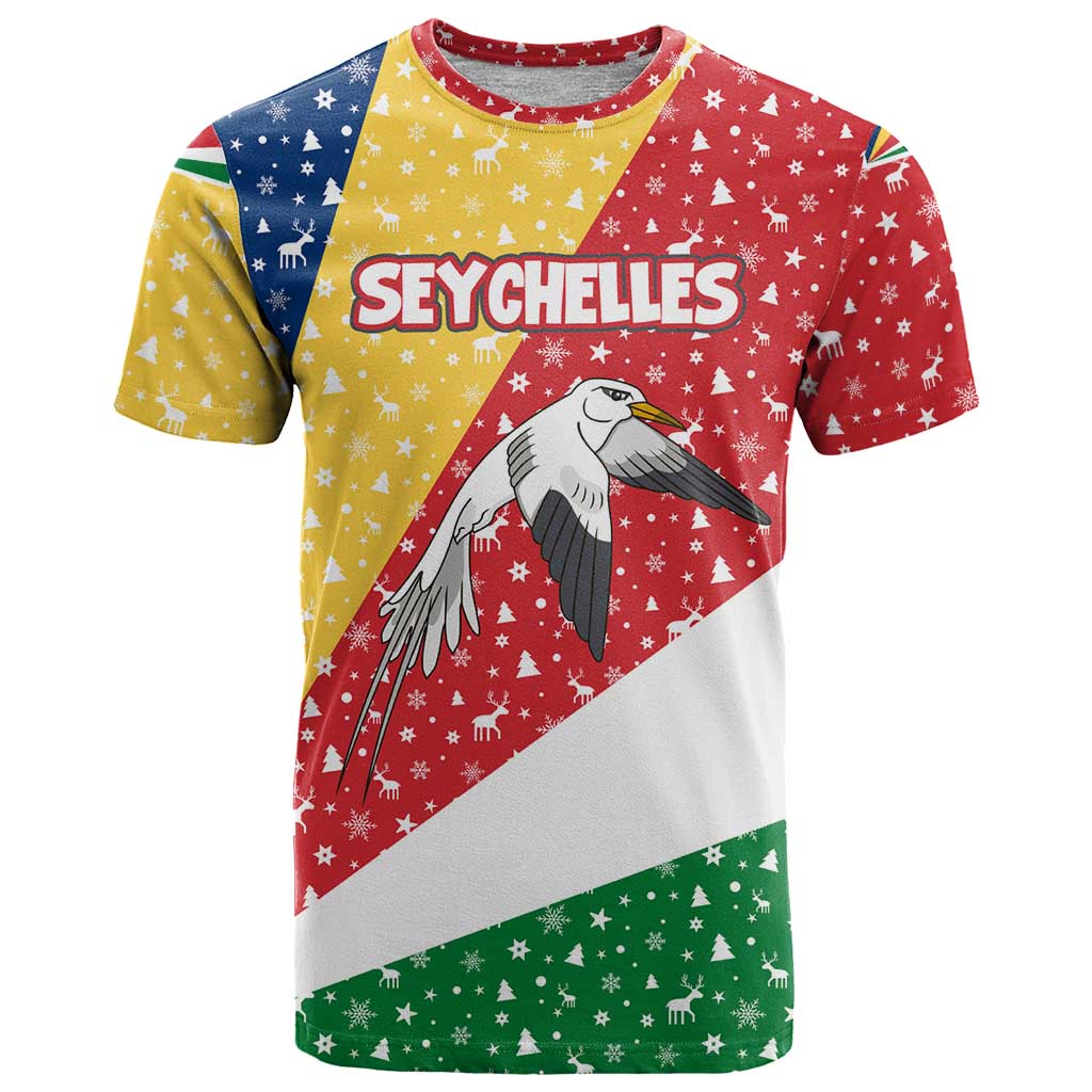 Seychelles Christmas T-Shirt with Flag Colors Pattern, Tropical Bird Motif, and National Coat of Arms Graphic Tee