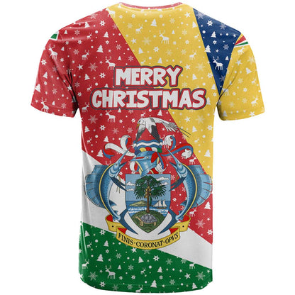 Seychelles Christmas T-Shirt with Flag Colors Pattern, Tropical Bird Motif, and National Coat of Arms Graphic Tee