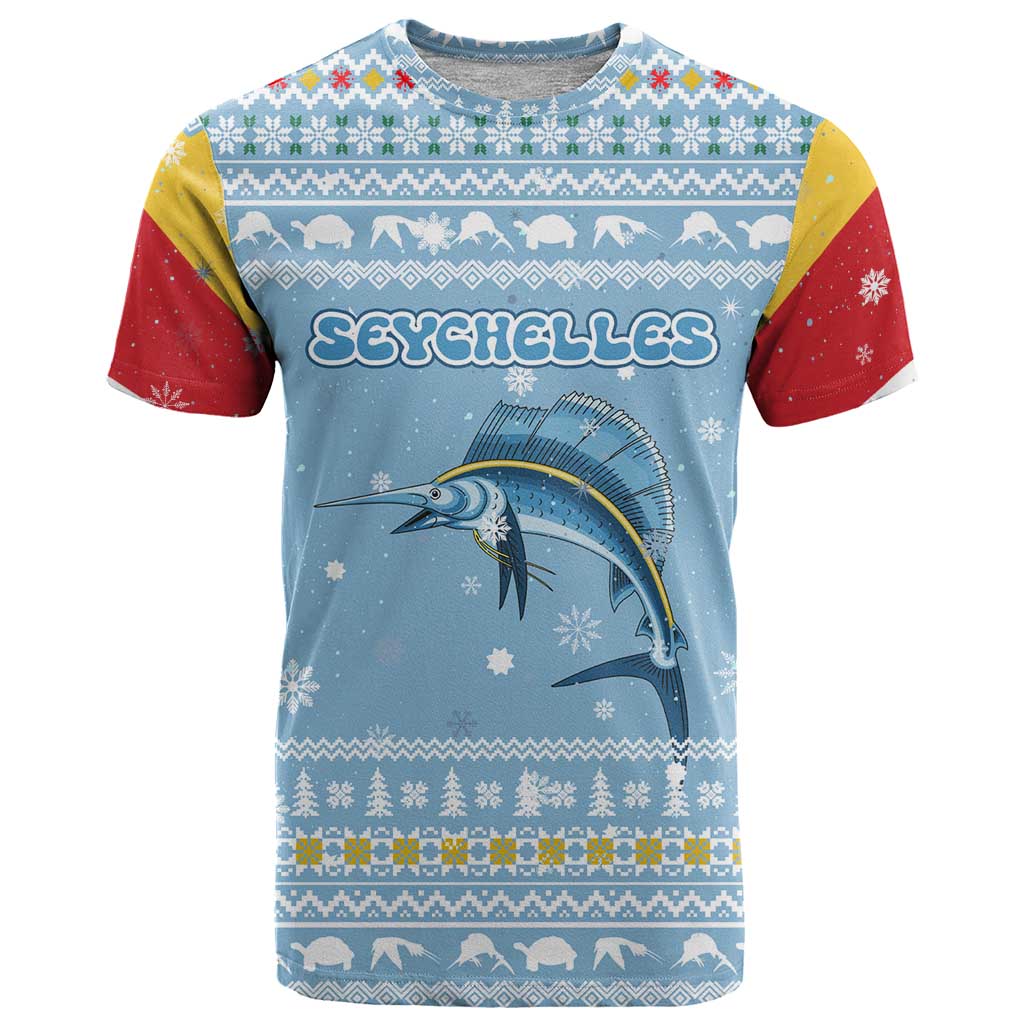 Seychelles Christmas T-Shirt with Ocean Blue Pattern, Marlin Fish Artwork, and Surfing Santa Motif Graphic Tee