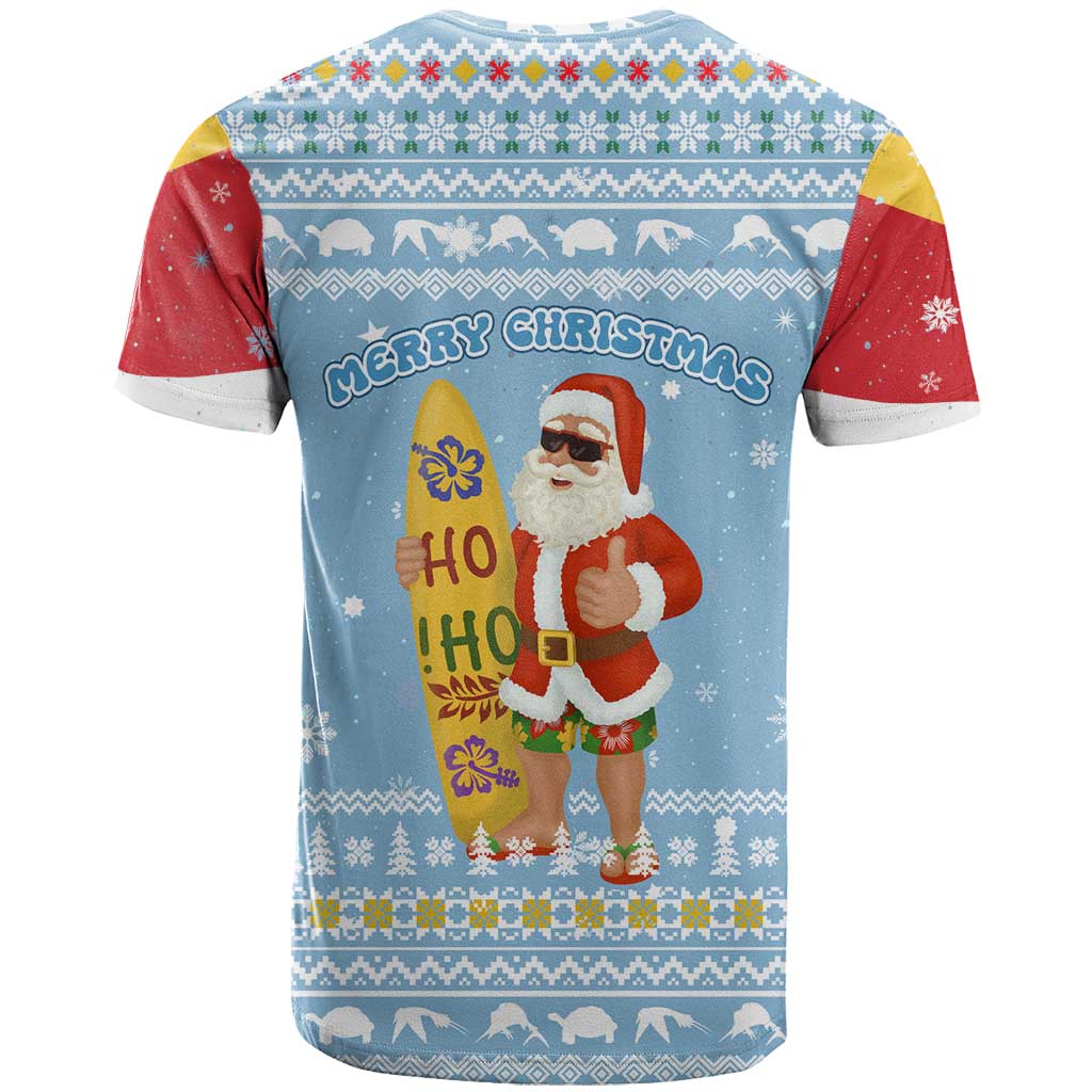 Seychelles Christmas T-Shirt with Ocean Blue Pattern, Marlin Fish Artwork, and Surfing Santa Motif Graphic Tee