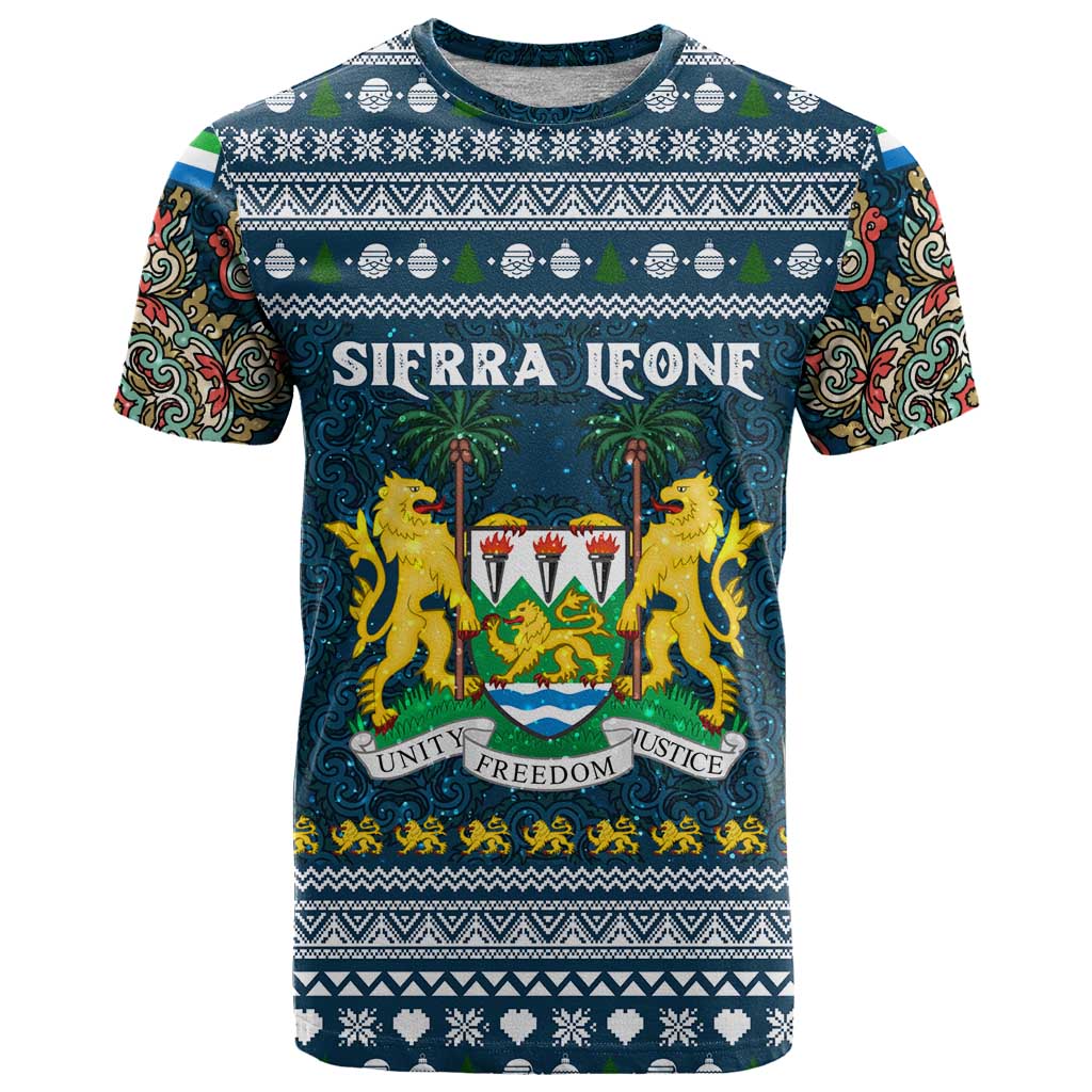 Sierra Leone Christmas T-Shirt with Ornamental Pattern, National Coat of Arms, and Festive Motif Graphic Tee