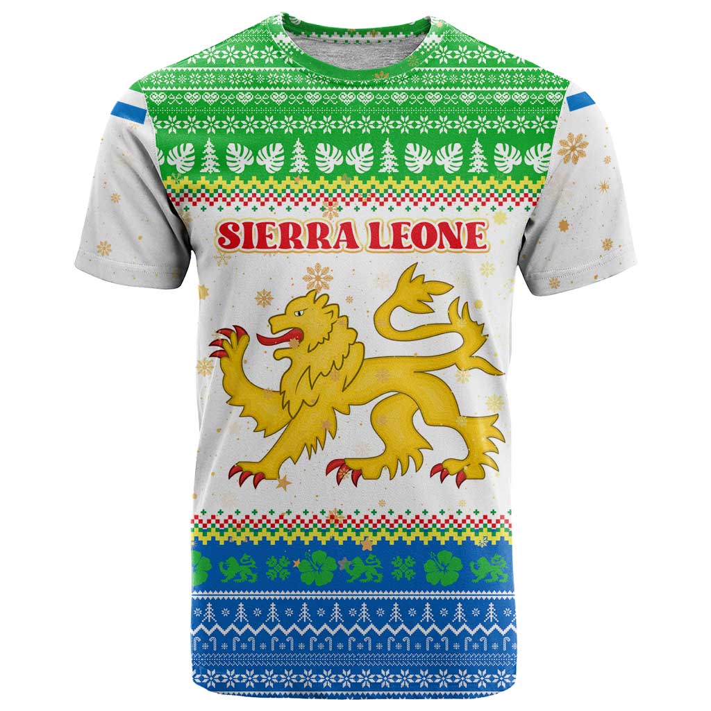 Sierra Leone Christmas T-Shirt with Festive Green Pattern, Golden Lion Emblem, and Santa Sleigh Motif Graphic Tee