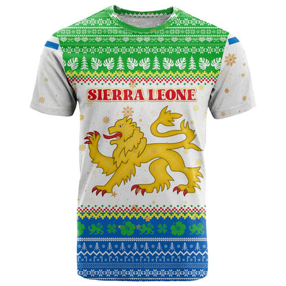 Sierra Leone Christmas T-Shirt with Festive Green Pattern, Golden Lion Emblem, and Santa Sleigh Motif Graphic Tee