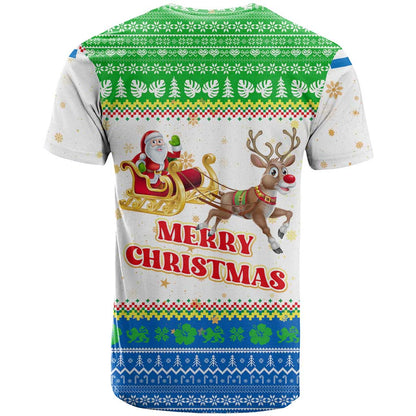Sierra Leone Christmas T-Shirt with Festive Green Pattern, Golden Lion Emblem, and Santa Sleigh Motif Graphic Tee