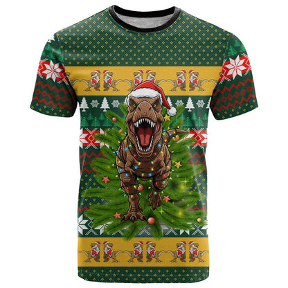 Christmas T Rex In Noel Tree T-Shirt Xmas Holiday Patterns Graphic Tee