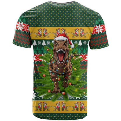 Christmas T Rex In Noel Tree T-Shirt Xmas Holiday Patterns Graphic Tee