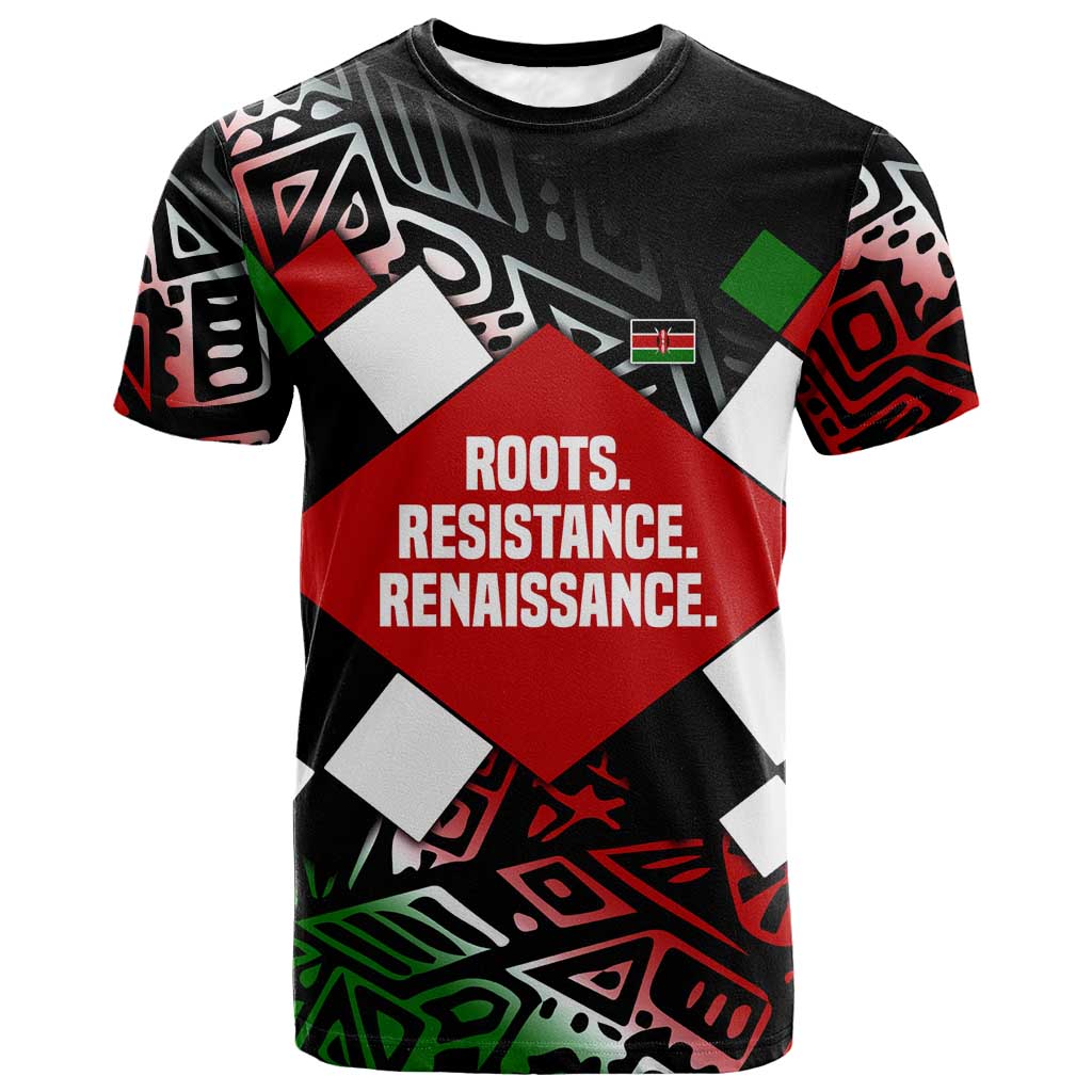 Jomo Kenyatta T-Shirt with Roots Resistance Renaissance and Kenyan Patchwork Pattern Tribute Graphic Tee