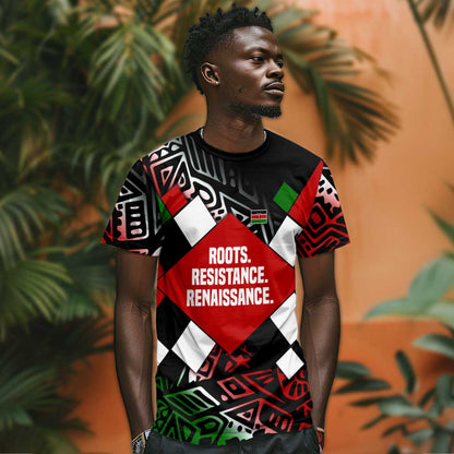Jomo Kenyatta T-Shirt with Roots Resistance Renaissance and Kenyan Patchwork Pattern Tribute Graphic Tee