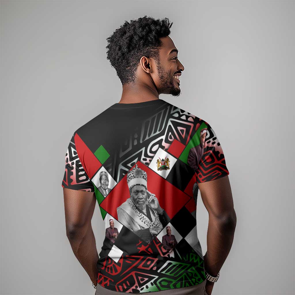 Jomo Kenyatta T-Shirt with Roots Resistance Renaissance and Kenyan Patchwork Pattern Tribute Graphic Tee