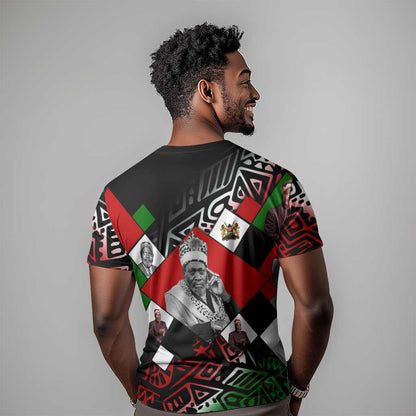 Jomo Kenyatta T-Shirt with Roots Resistance Renaissance and Kenyan Patchwork Pattern Tribute Graphic Tee