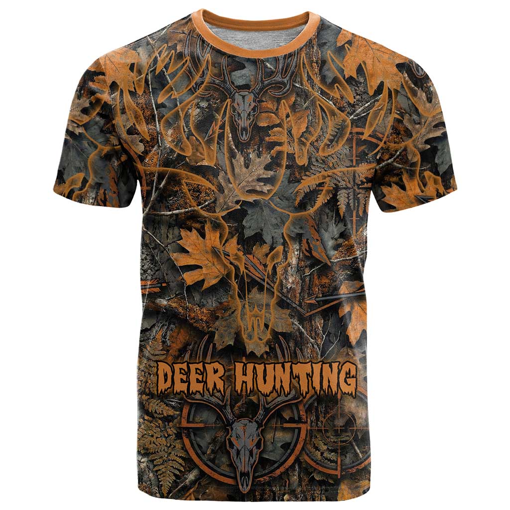 Deer Hunting Skull T-Shirt Autumn Leaves Rustic Brown and Orange Tones Graphic Tee