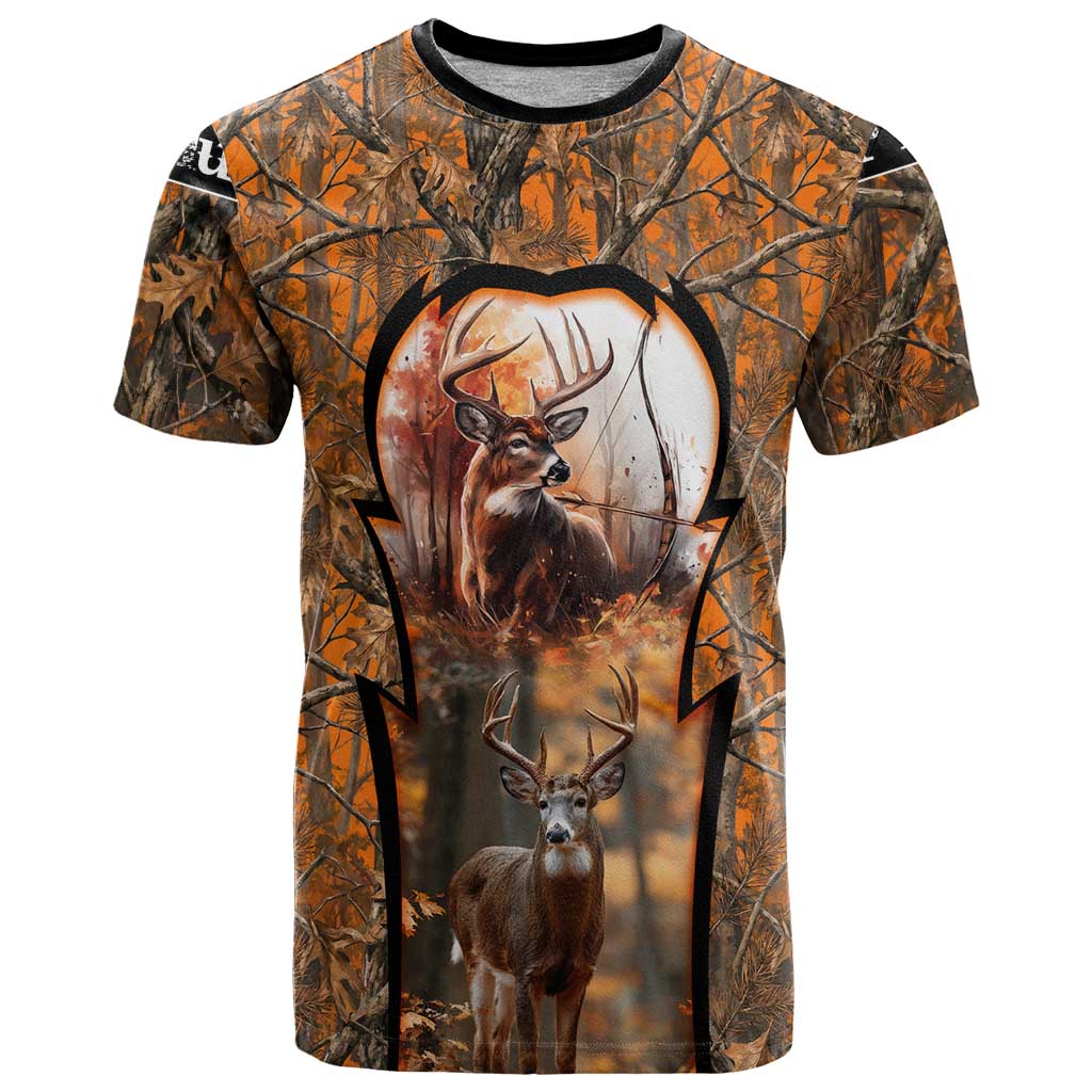 Personalized Deer Hunter T-Shirt Antler Outline and Autumn Camouflage Hunting Graphic Tee