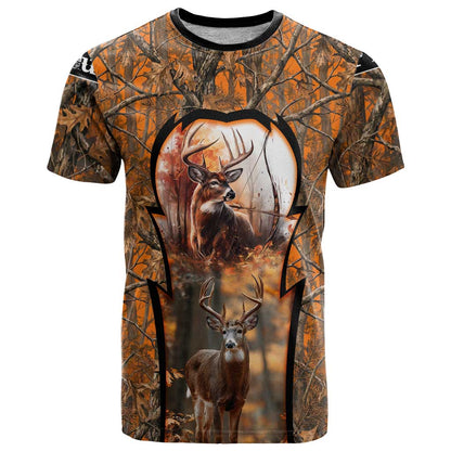 Personalized Deer Hunter T-Shirt Antler Outline and Autumn Camouflage Hunting Graphic Tee