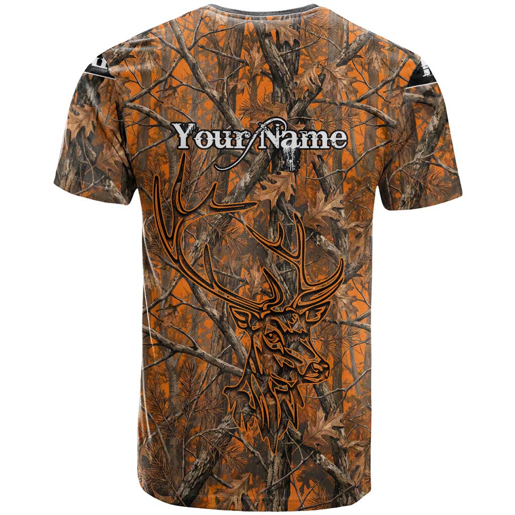 Personalized Deer Hunter T-Shirt Antler Outline and Autumn Camouflage Hunting Graphic Tee
