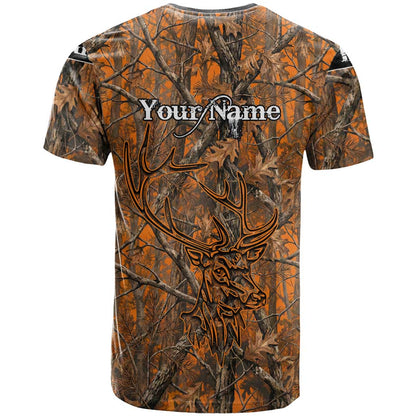 Personalized Deer Hunter T-Shirt Antler Outline and Autumn Camouflage Hunting Graphic Tee