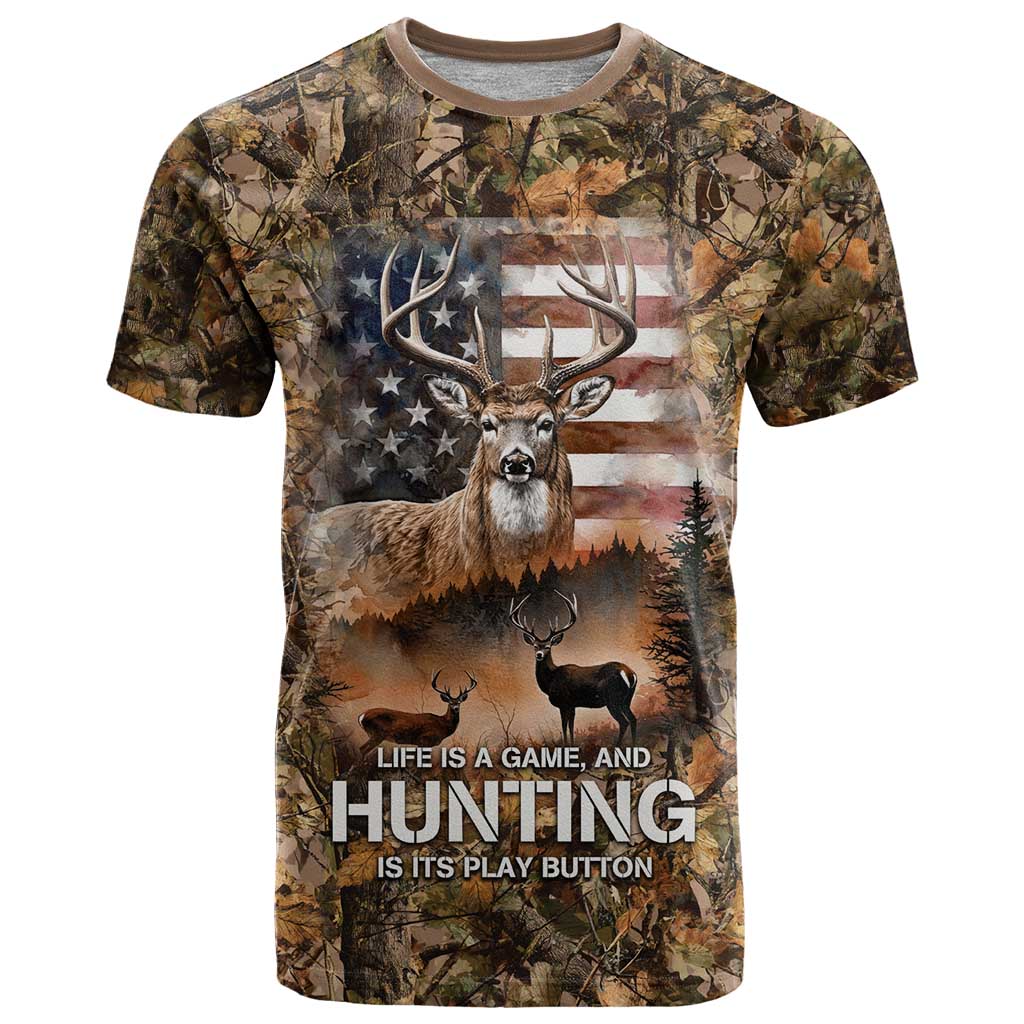 Personalized Buck Deer Hunting T-Shirt American Flag Sunset Forest in Camouflage Graphic Tee