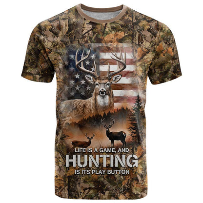 Personalized Buck Deer Hunting T-Shirt American Flag Sunset Forest in Camouflage Graphic Tee