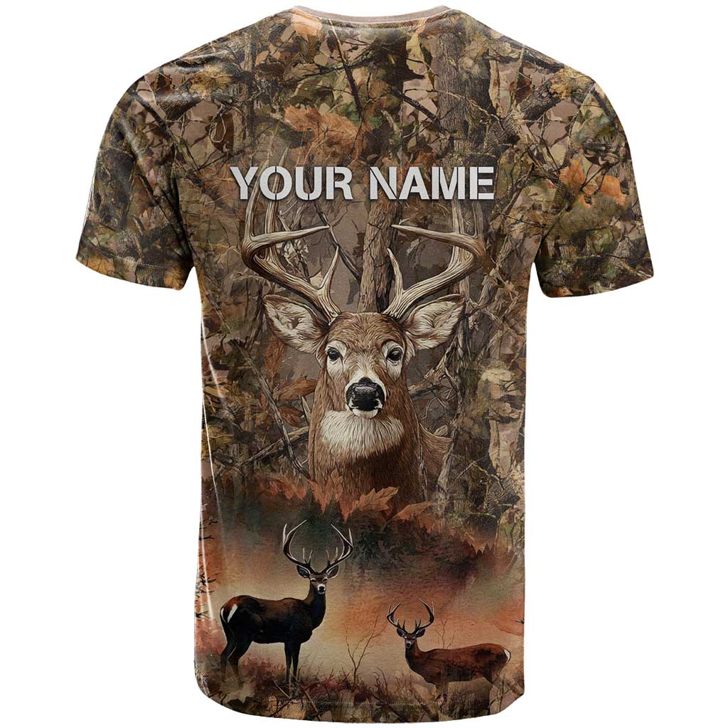 Personalized Buck Deer Hunting T-Shirt American Flag Sunset Forest in Camouflage Graphic Tee