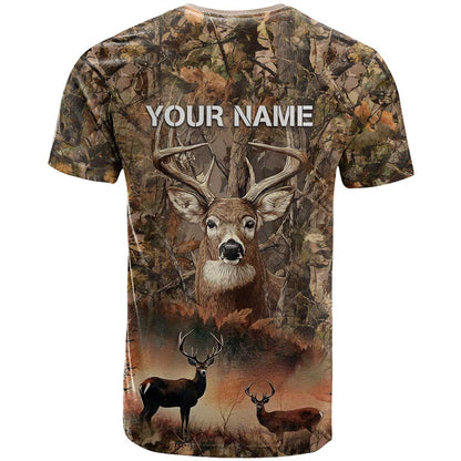 Personalized Buck Deer Hunting T-Shirt American Flag Sunset Forest in Camouflage Graphic Tee