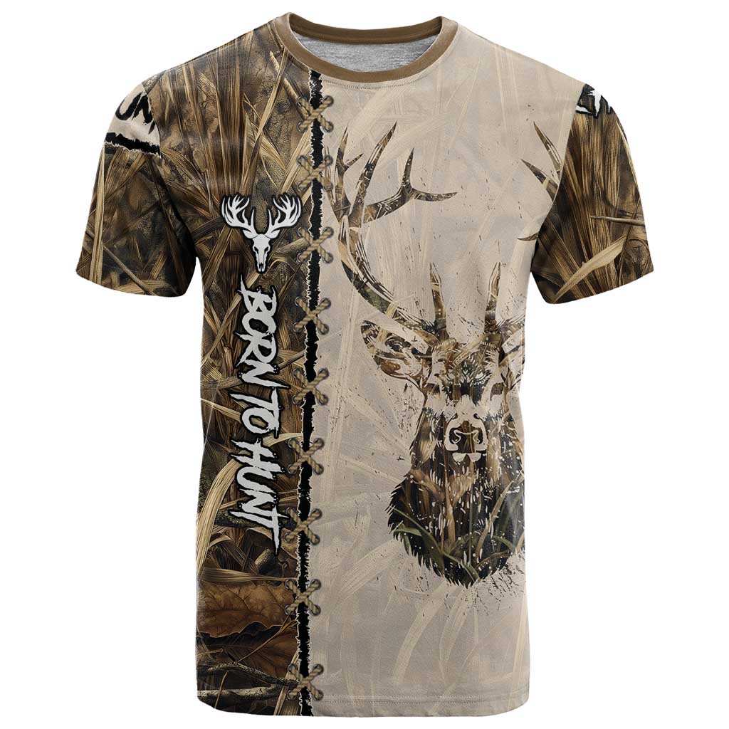 Personalized Born to Hunt T-Shirt Deer Hunting Lacing Detail and Camo Traditional Graphic Tee