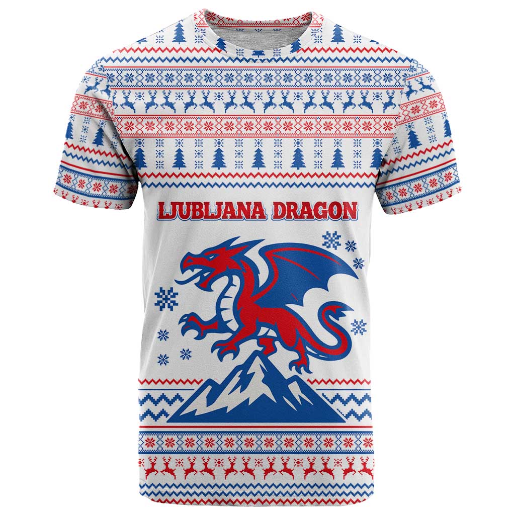 Slovenian Winter T-Shirt Ljubljana Dragon with Nordic Snowflakes and Alpine Vibes Graphic Tee