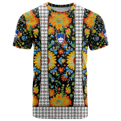 Slovenia Folk Art T-Shirt Bright Floral Pattern with National Crest Emblem Graphic Tee