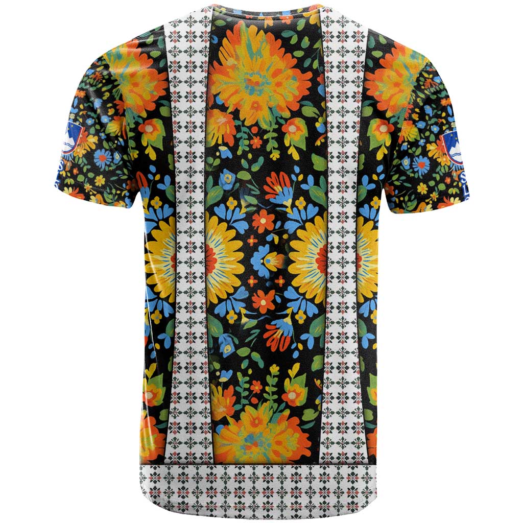Slovenia Folk Art T-Shirt Bright Floral Pattern with National Crest Emblem Graphic Tee