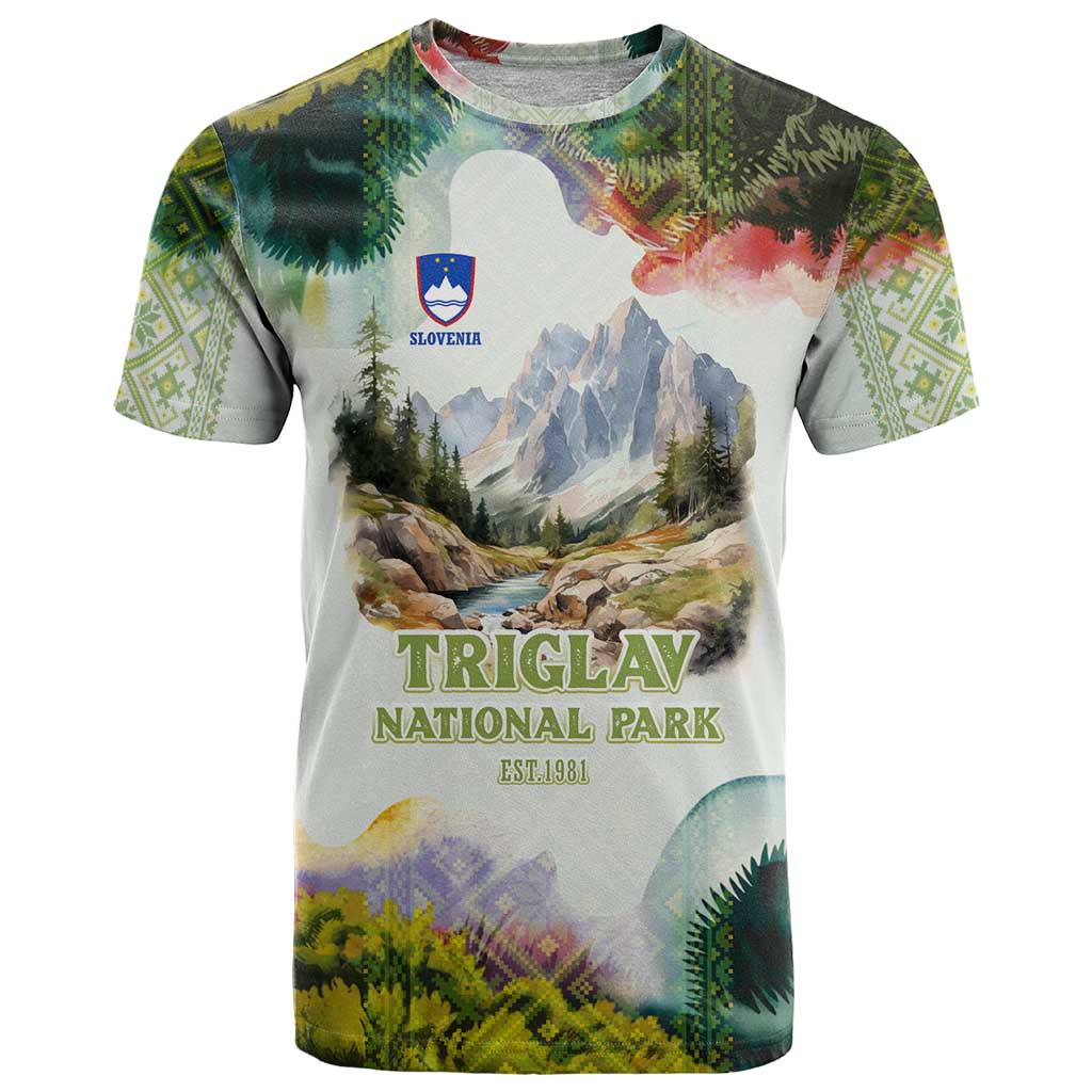 Triglav National Park T-Shirt Mountain Landscape with Slovenia Crest and Folk Art Details Graphic Tee